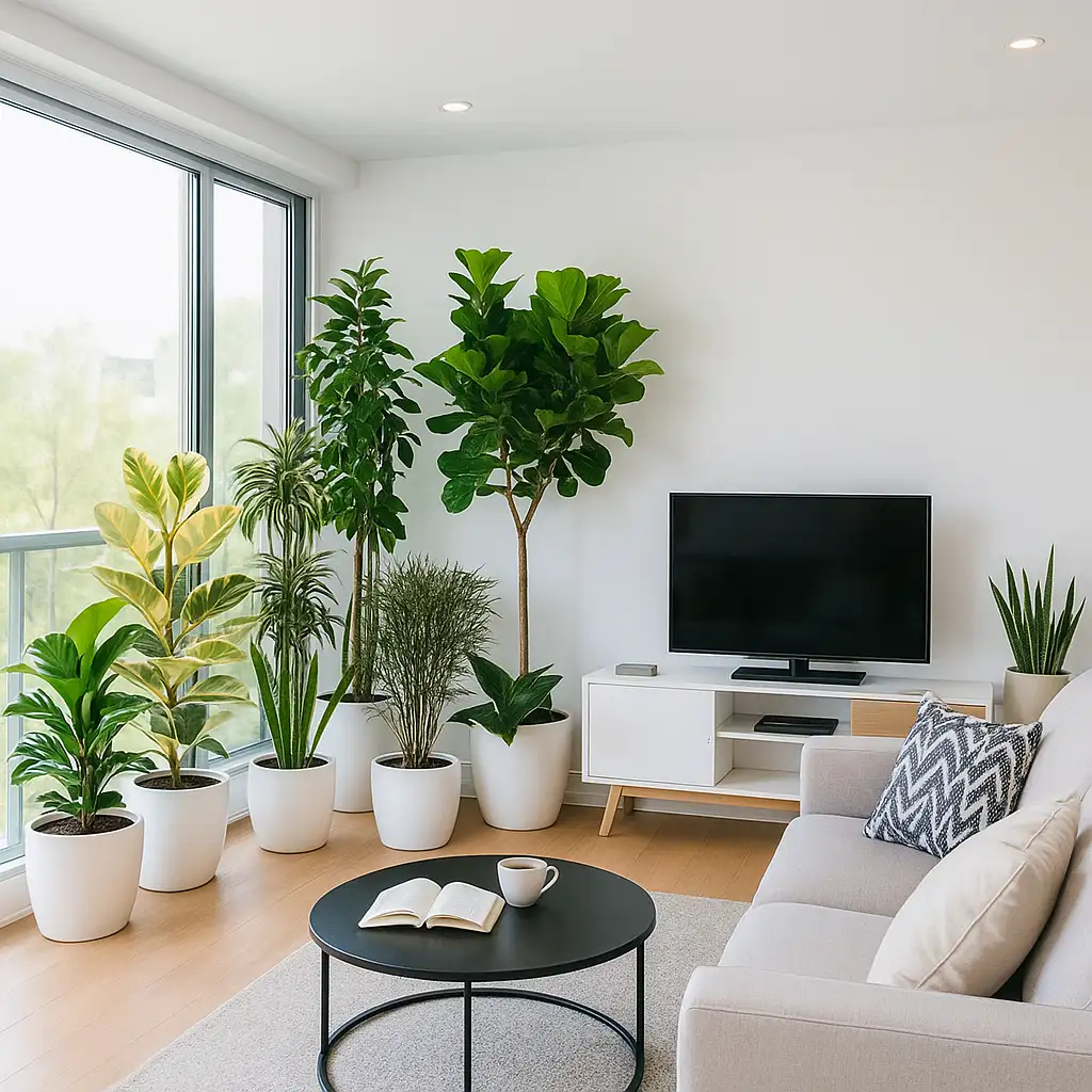 Diversas plantas ornamentais em vasos diferentes, posicionadas em um ambiente interno bem iluminado, purificando o ar.