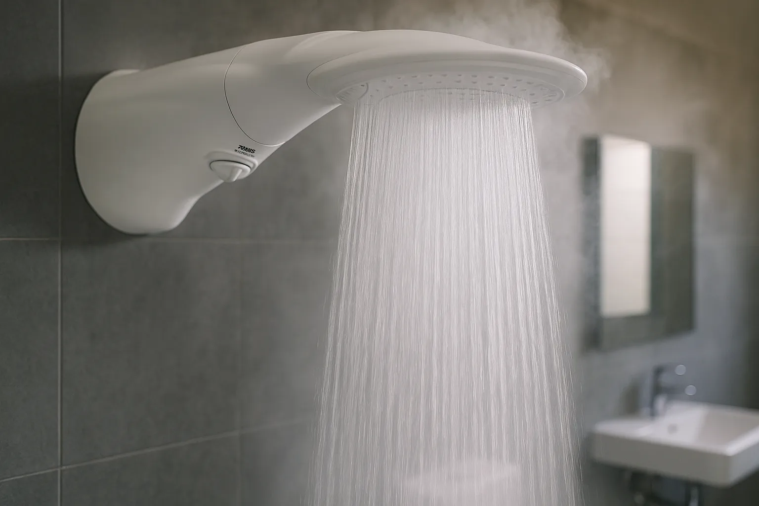 Banheiro moderno com chuveiro de design elegante e jato de água potente para banhos relaxantes