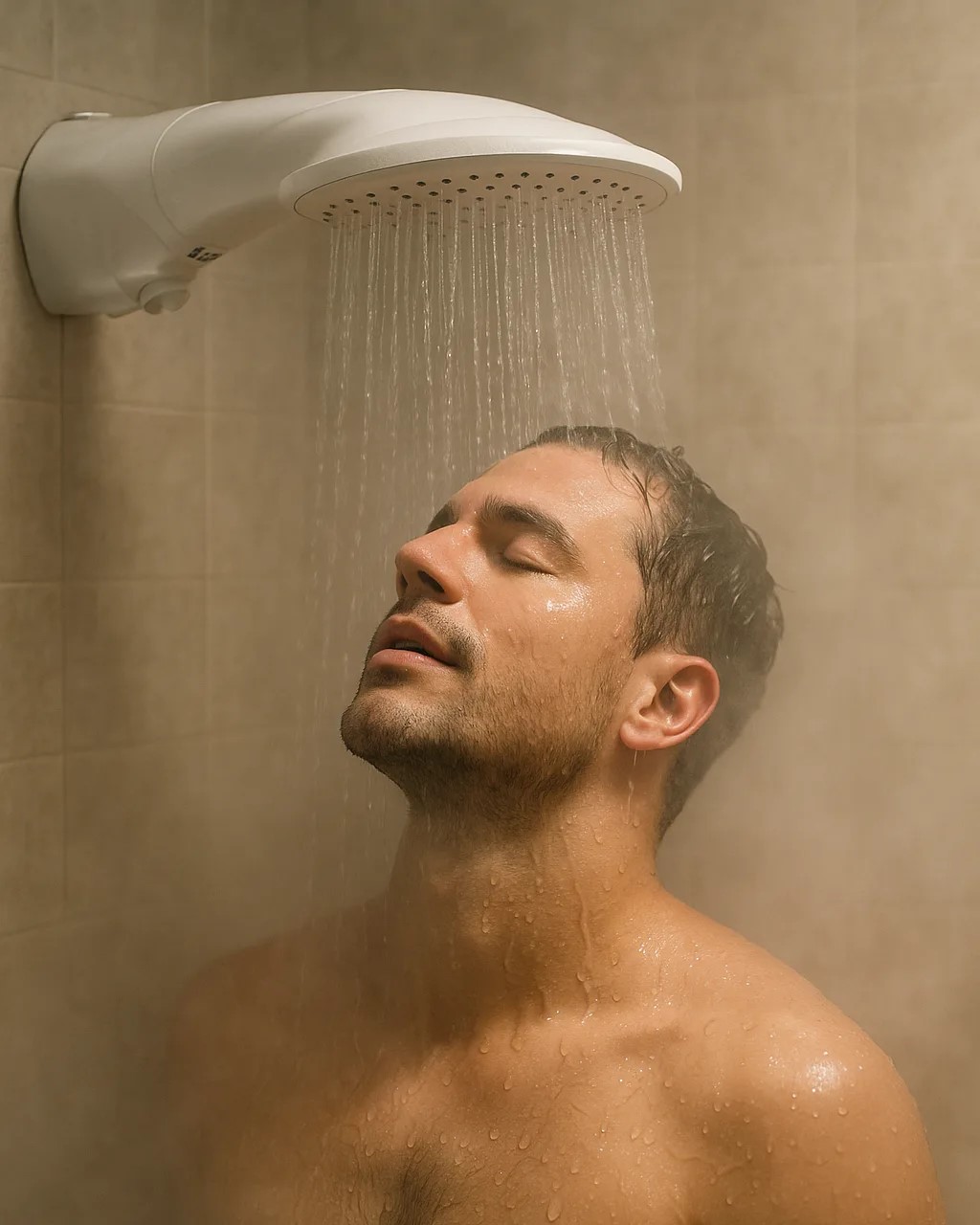Pessoa desfrutando de um banho relaxante com bastante vapor e água abundante de chuveiro pressurizado