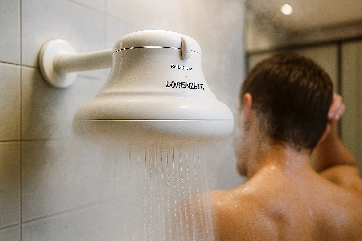 Banheiro moderno e aconchegante com um chuveiro branco em destaque, simbolizando o conforto de um banho quente no inverno.