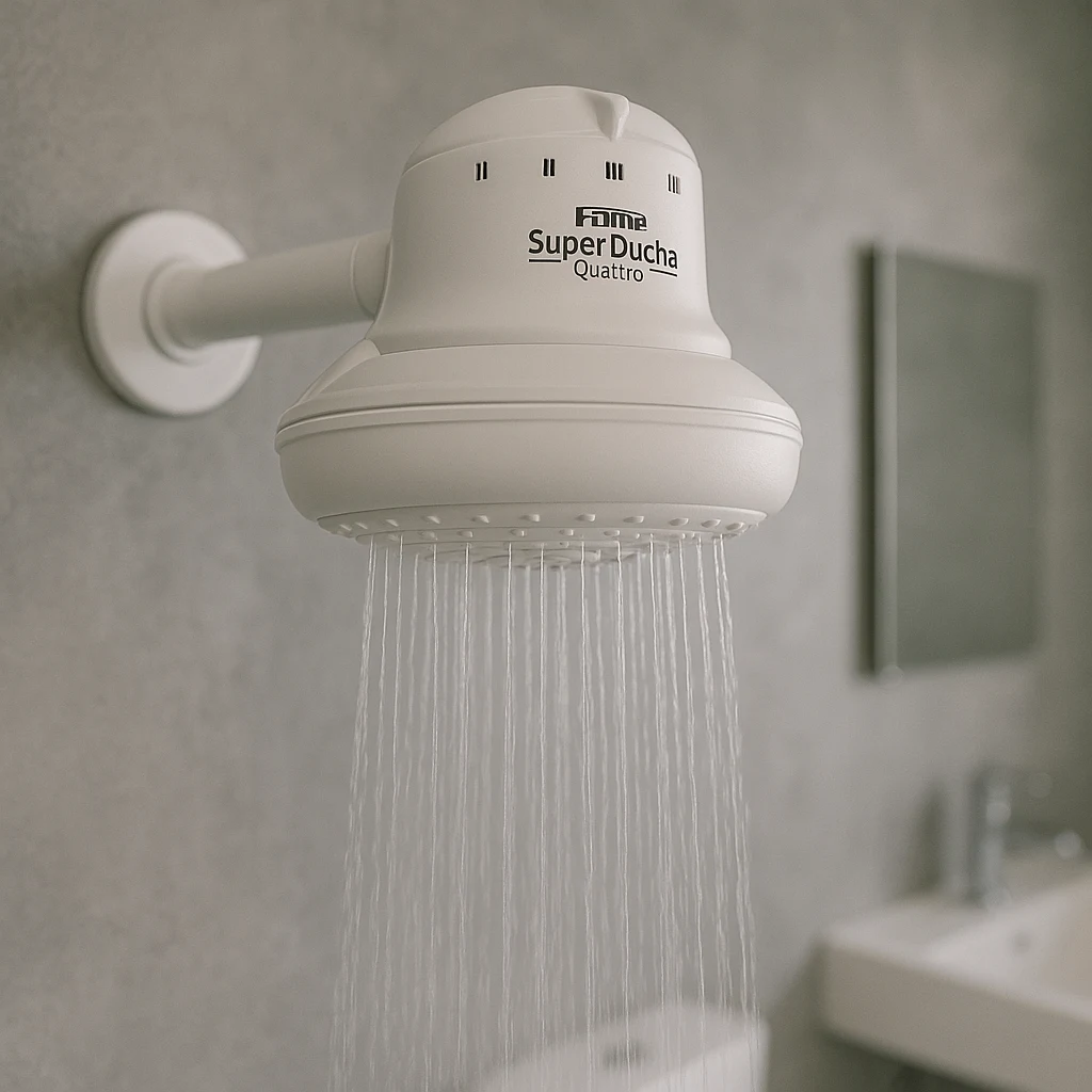Chuveiro Fame Super Ducha Quattro Turbo mostrando jato de água, focado em potência e custo-benefício.