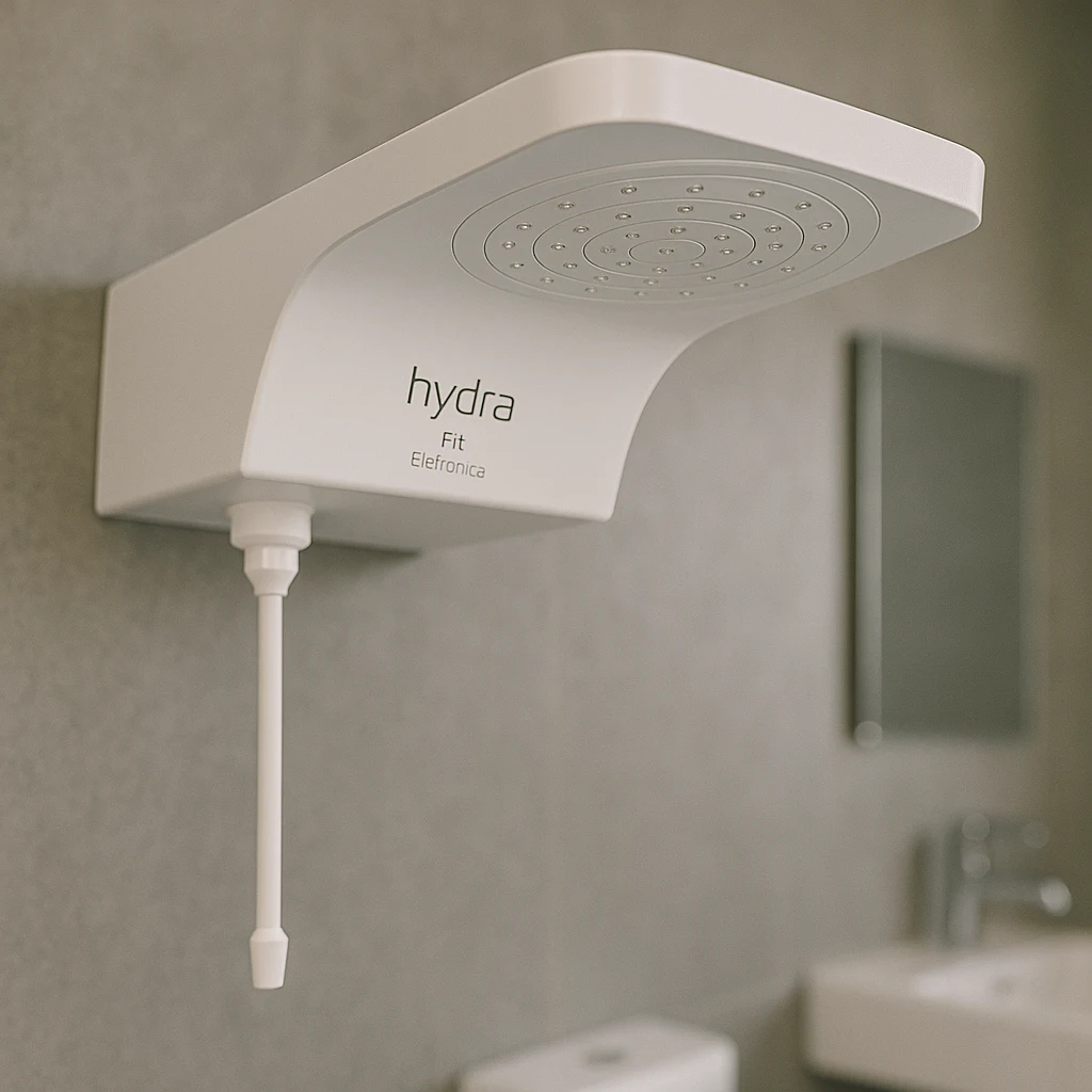 Ducha Hydra Corona Turbo Eletrônica com design moderno e controle eletrônico, ideal para banheiros tecnológicos.