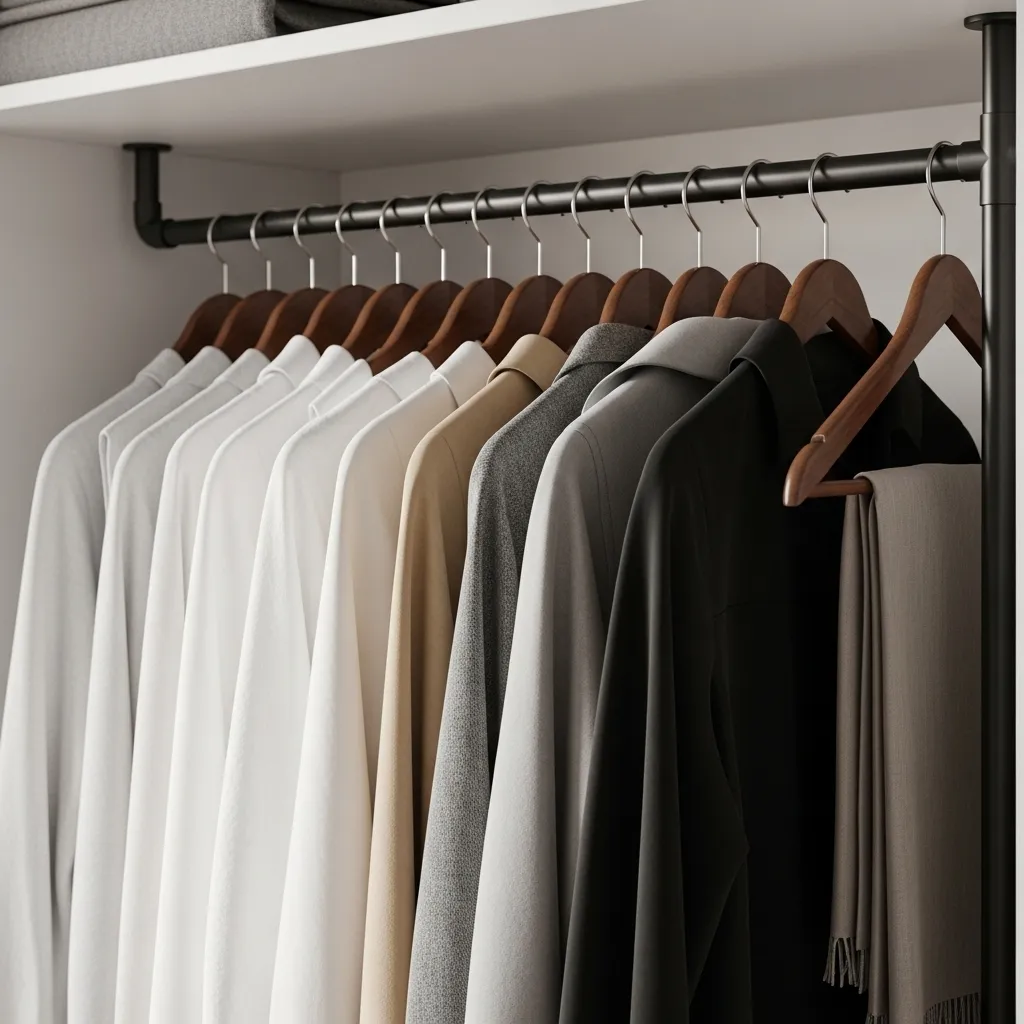 Detalhe em close-up de uma arara preta em um closet aberto, com cabides padronizados e roupas organizadas por cor