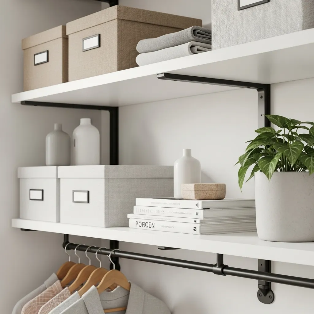 Parede de quarto com trilhos de metalon no estilo industrial, mãos francesas e prateleiras brancas, organizando roupas e objetos