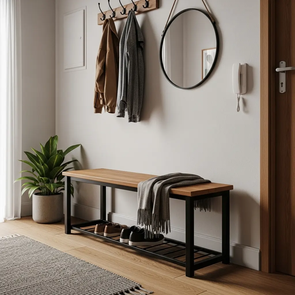 Banco de madeira com pés de metal no estilo industrial, ideal para hall de entrada moderno e aconchegante