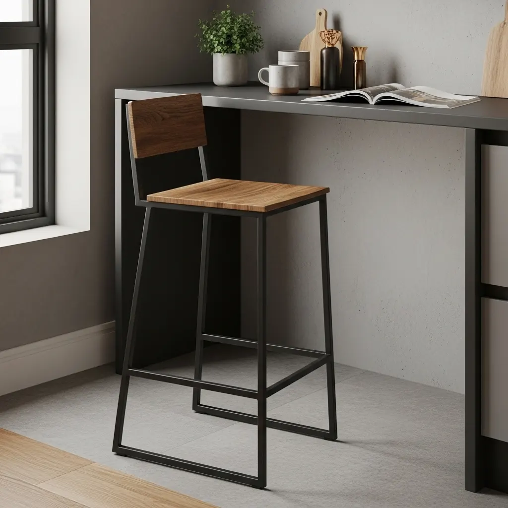 Banqueta alta de cozinha de metal preto com assento de madeira para balcões, ideal para ambientes industriais e modernos