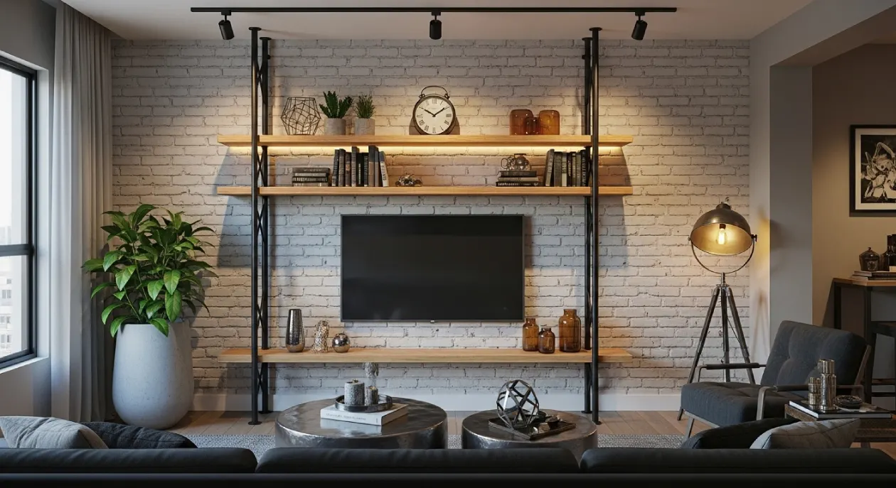 Ambiente de sala de estar com decoração estilo industrial, combinando parede de tijolinho, móveis de ferro e madeira, e iluminação de destaque