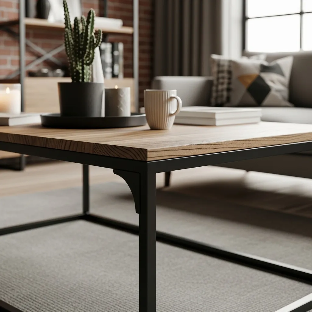 Detalhe de mesa de centro com estrutura de metal preto e tampo de madeira, destacando o contraste de materiais típico do estilo industrial