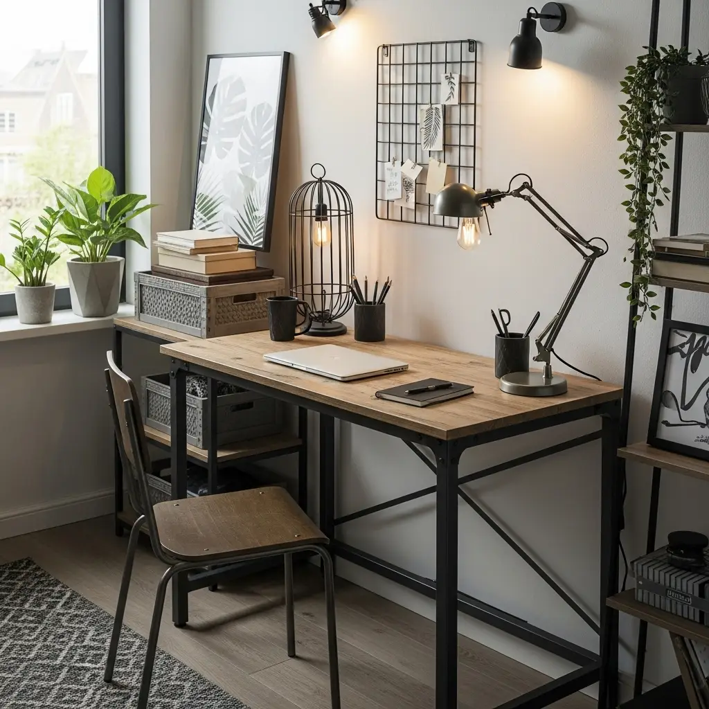 Mesa de home office estilo industrial com estrutura de ferro e tampo de madeira, ideal para espaços pequenos