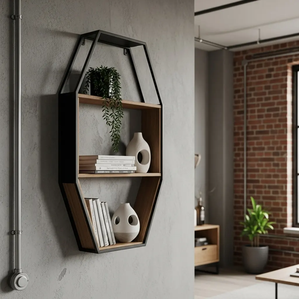 Nicho decorativo com estrutura geométrica de metal preto e tampo de madeira, ideal para ambientes no estilo industrial
