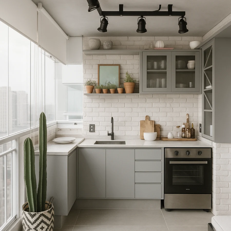 Cozinha moderna com decoração industrial, incluindo prateleiras de metalon e luminárias metálicas.