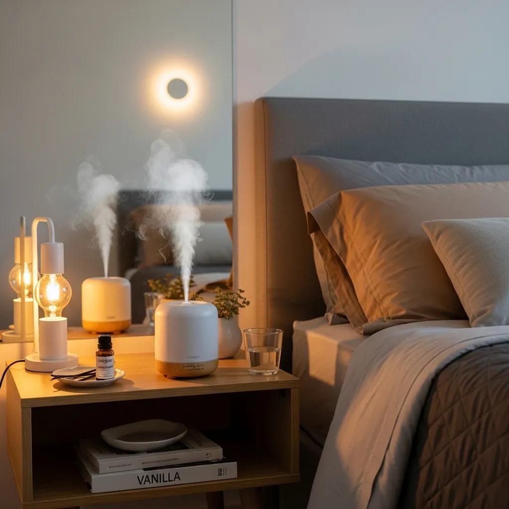 Difusor de aromas em criado-mudo ao lado da cama, liberando essências relaxantes como lavanda ou baunilha para criar um clima acolhedor no quarto