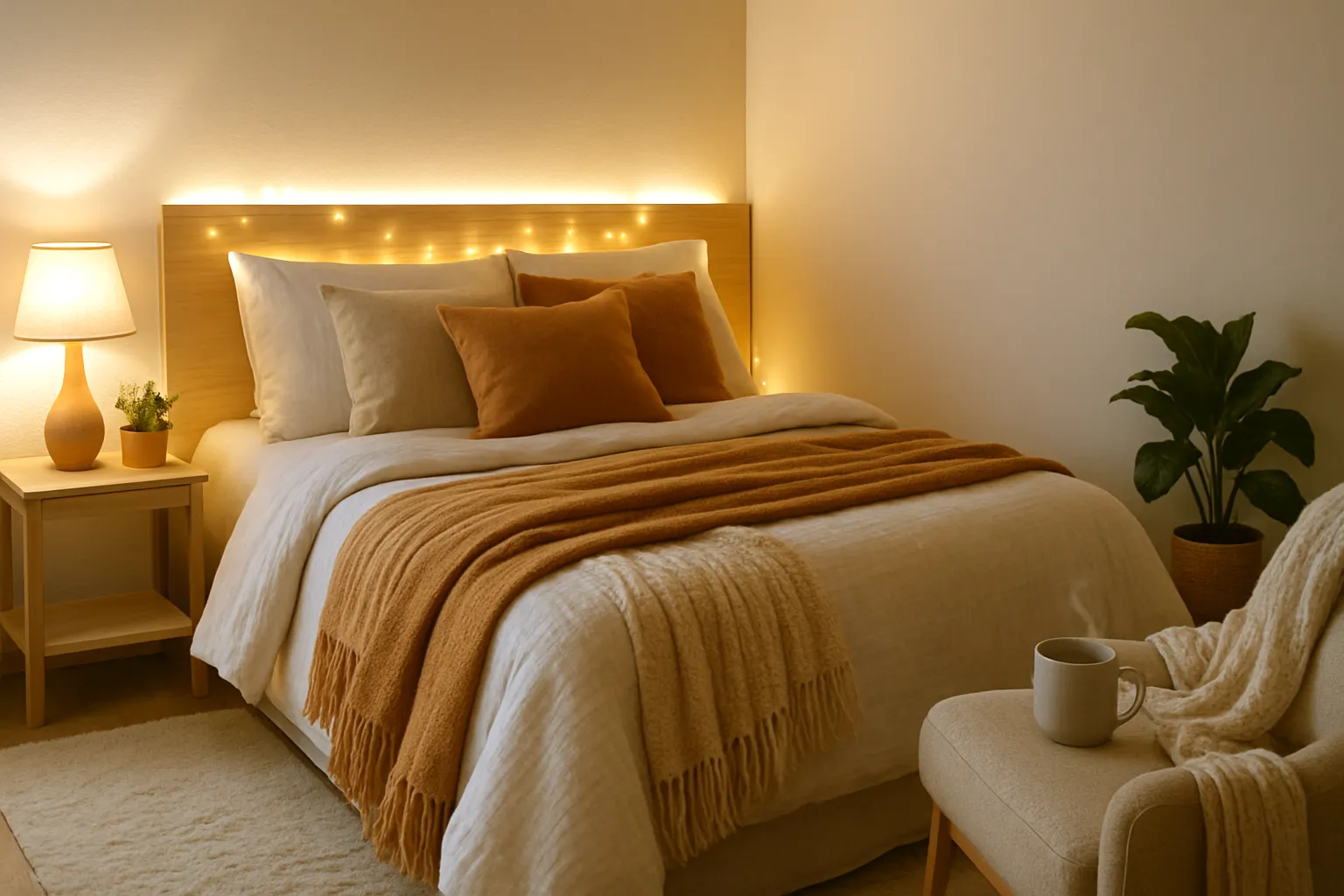 Quarto aconchegante no inverno com mantas, almofadas e iluminação quente, convidando ao descanso