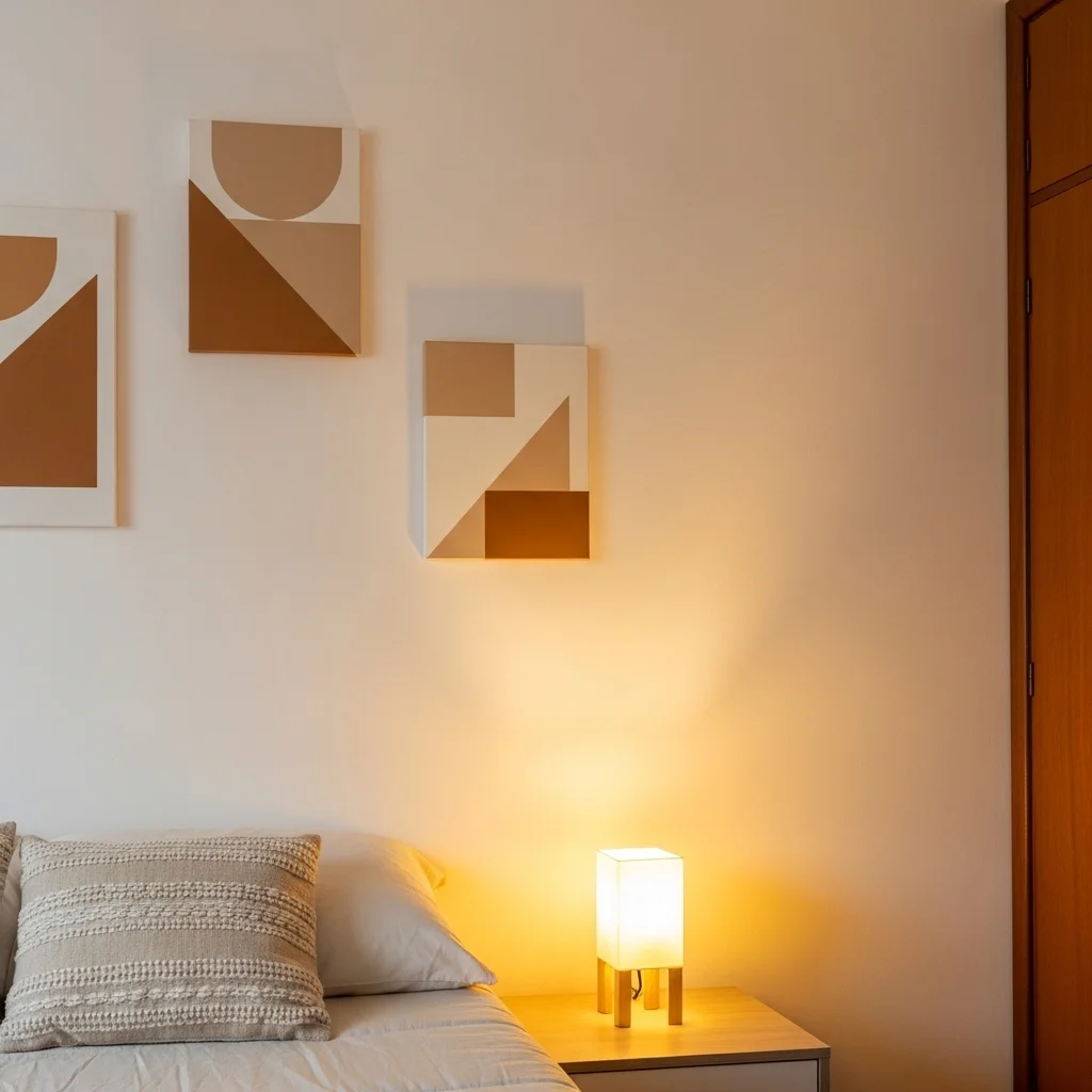 Quarto com parede branca com pinturas geométricas em tom terroso (bege/caramelo) e abajur com luz amarelada, transmitindo calor e aconchego