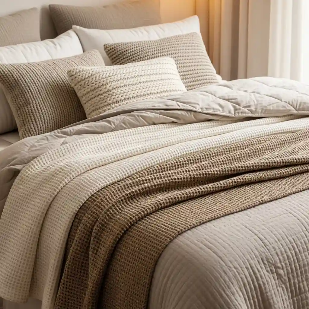 Cama com várias camadas de mantas, edredons e almofadas de tricô, criando um visual convidativo e aquecido para o inverno