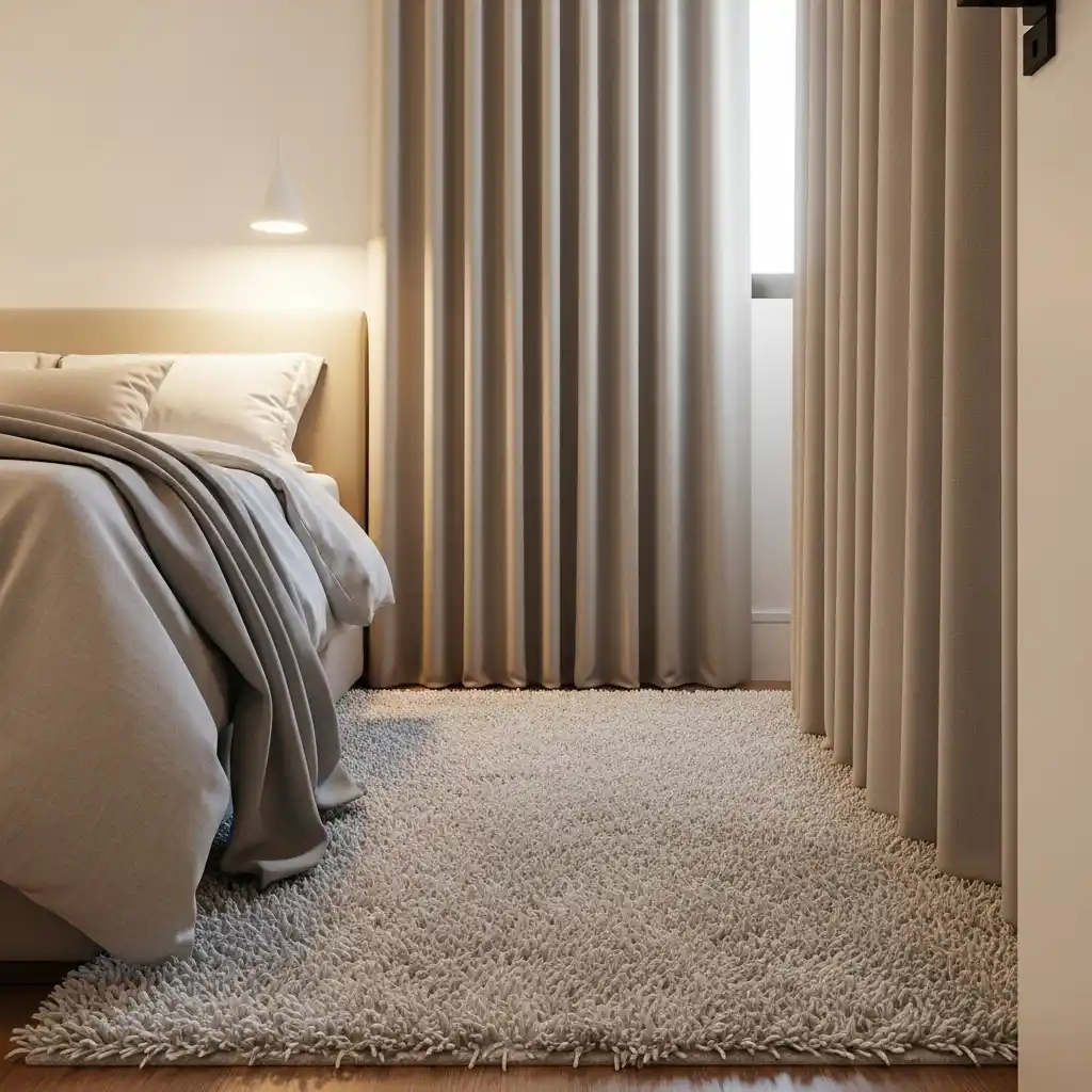 Tapete felpudo ao lado da cama e cortina densa na janela, elementos que isolam o frio e aumentam o conforto térmico no quarto
