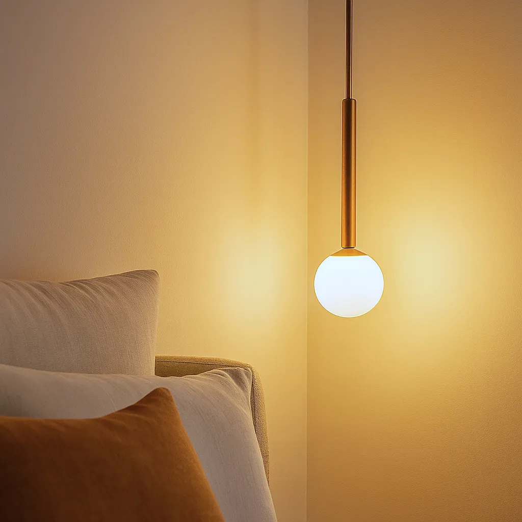 Abajur pendete com luz quente e amarelada ao lado da cama, criando um ambiente relaxante antes de dormir