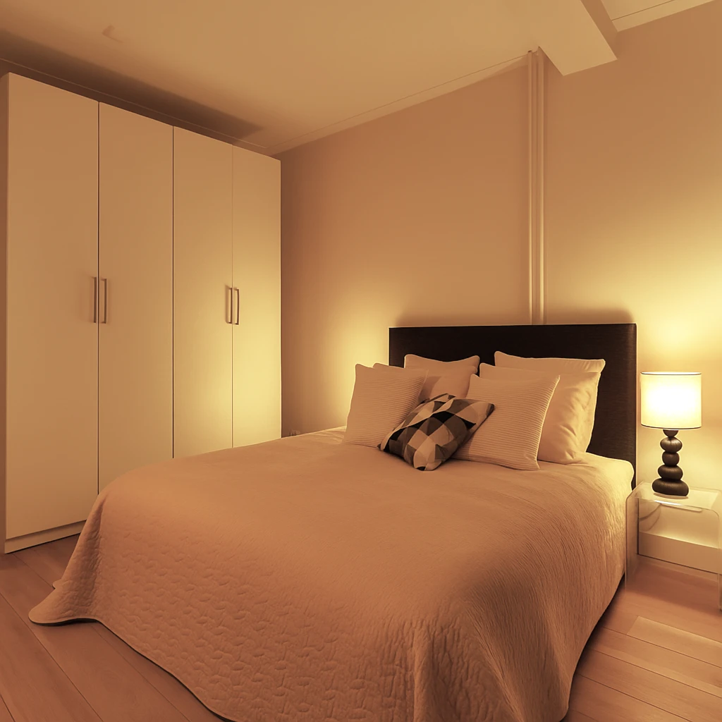 Quarto organizado e minimalista, com poucos objetos visíveis, transmitindo tranquilidade e ordem para uma mente mais leve