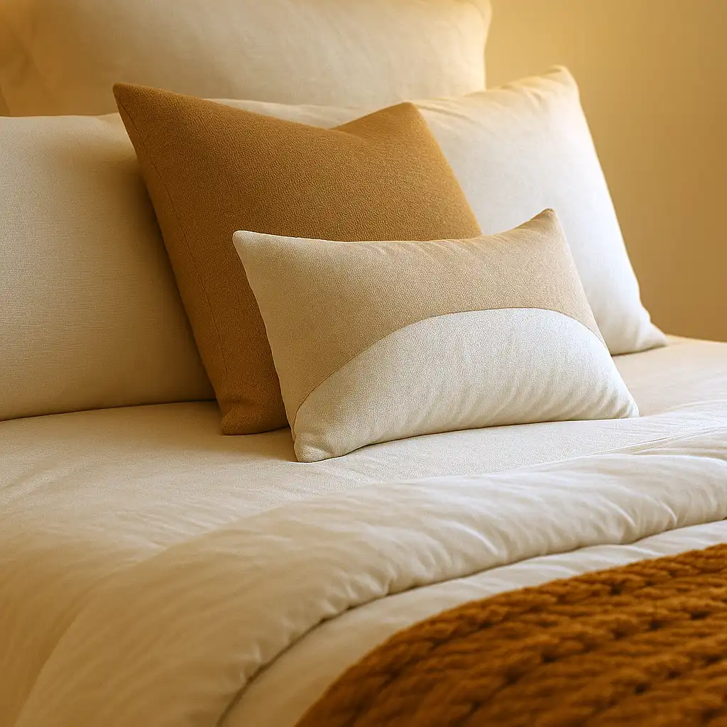 Detalhe de roupa de cama macia e edredom fofinho, com texturas que convidam ao toque e ao conforto para um sono profundo