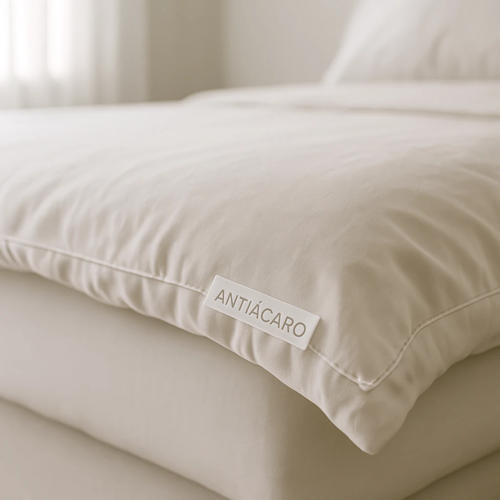Detalhe de roupa de cama com etiqueta 'antiácaro', essencial para quem tem alergias respiratórias
