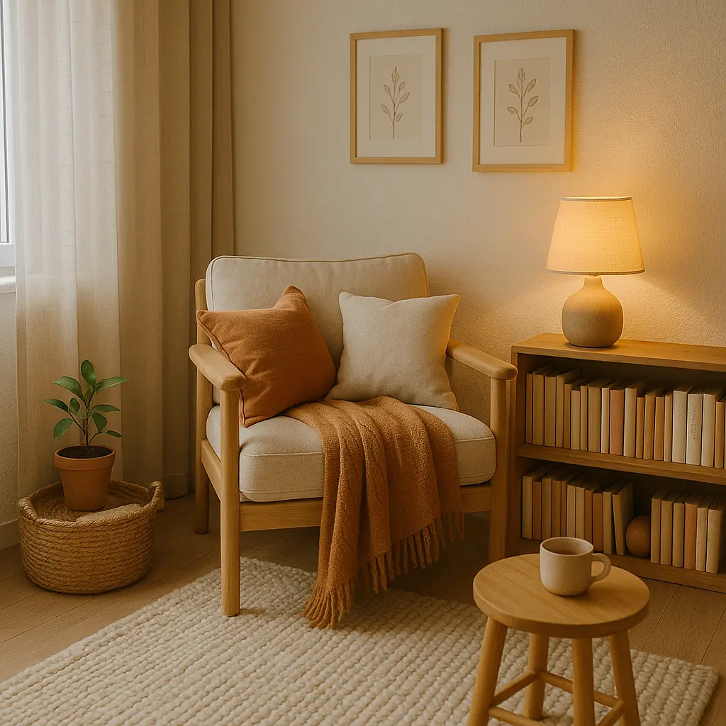 Cantinho de leitura aconchegante com poltrona, manta quentinha, almofadas e abajur com luz amarela, convidando ao relaxamento no inverno.