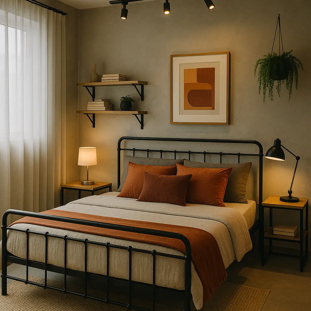 Quarto aconchegante com toques de cores quentes (vinho e marrom) em almofadas, colcha e objetos decorativos, adicionando calor visual ao ambiente.