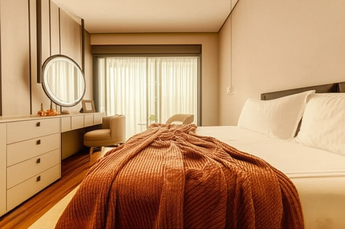 Quarto aconchegante com manta de tricô grossa em tons quentes, criando um ambiente acolhedor para o inverno.