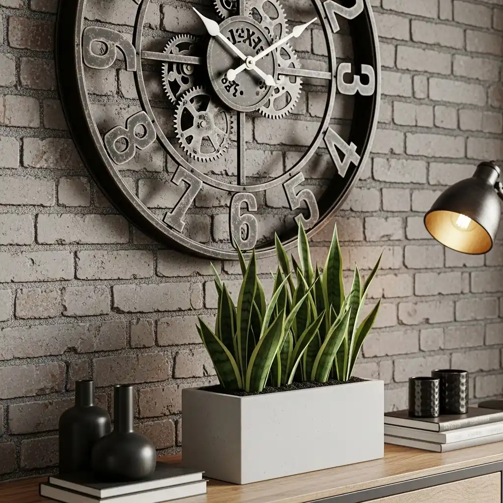 Detalhes decorativos como um relógio de parede grande com engrenagens aparentes e um vaso de planta de cimento sobre uma mesa de madeira.