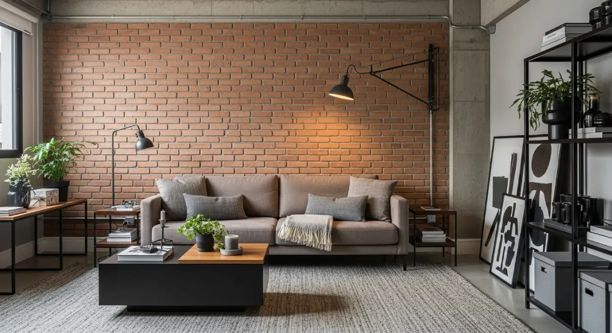 Sala de estar com elementos de estilo industrial, como parede de tijolinho aparente, luminária de metal e sofá em tons neutros