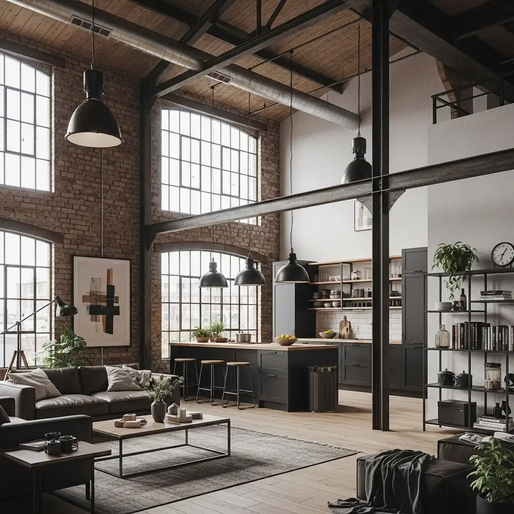 Ambientes de sala e cozinha integrados em um loft com pé direito alto e grandes janelas, característica marcante do design industrial.