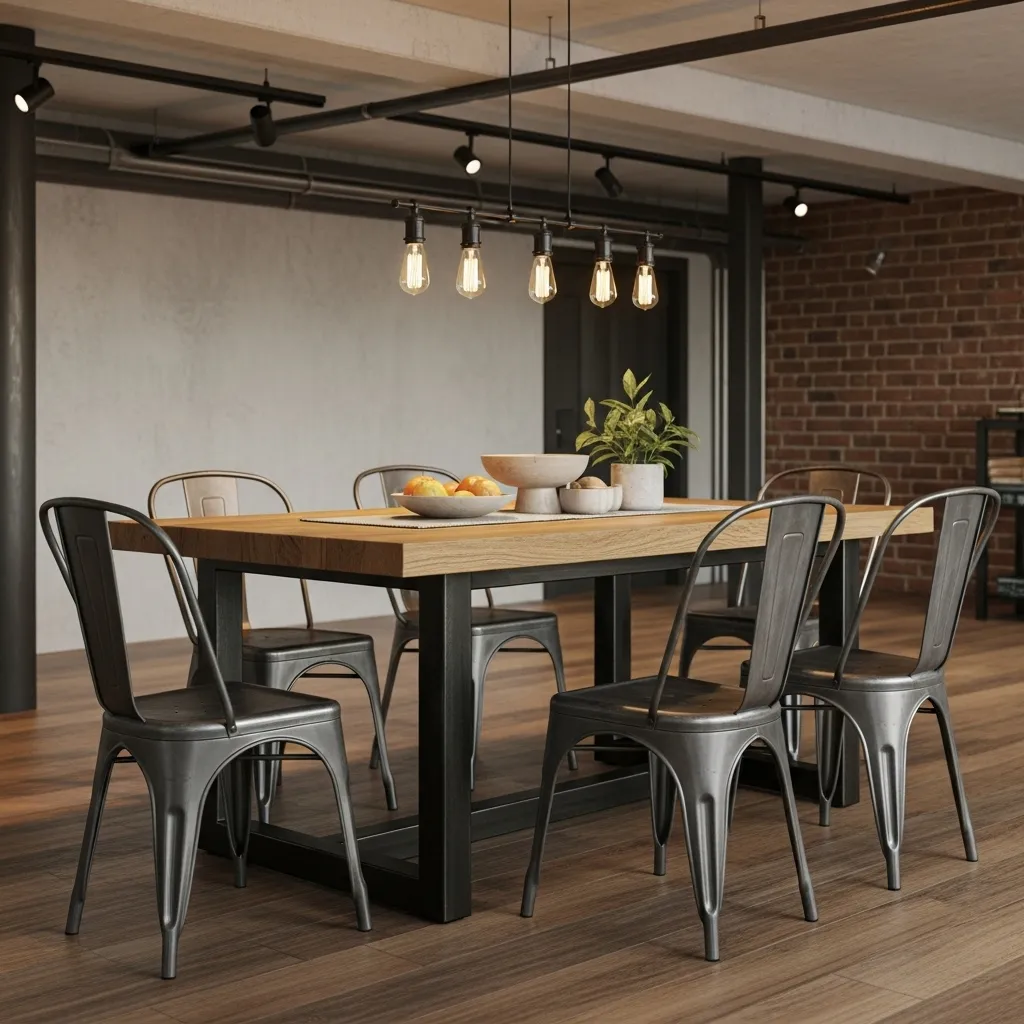 Mesa de jantar com base de metal preto e tampo de madeira maciça, acompanhada de cadeiras de metal, evidenciando o mobiliário robusto e funcional do estilo industrial.