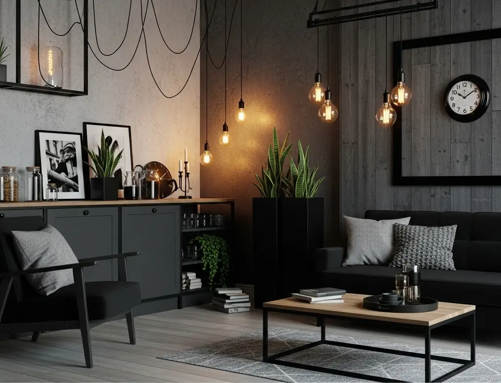 Ambiente industrial com paleta de cores neutras (cinza e preto) e iluminação com pendentes metálicos e lâmpadas de filamento aparente.