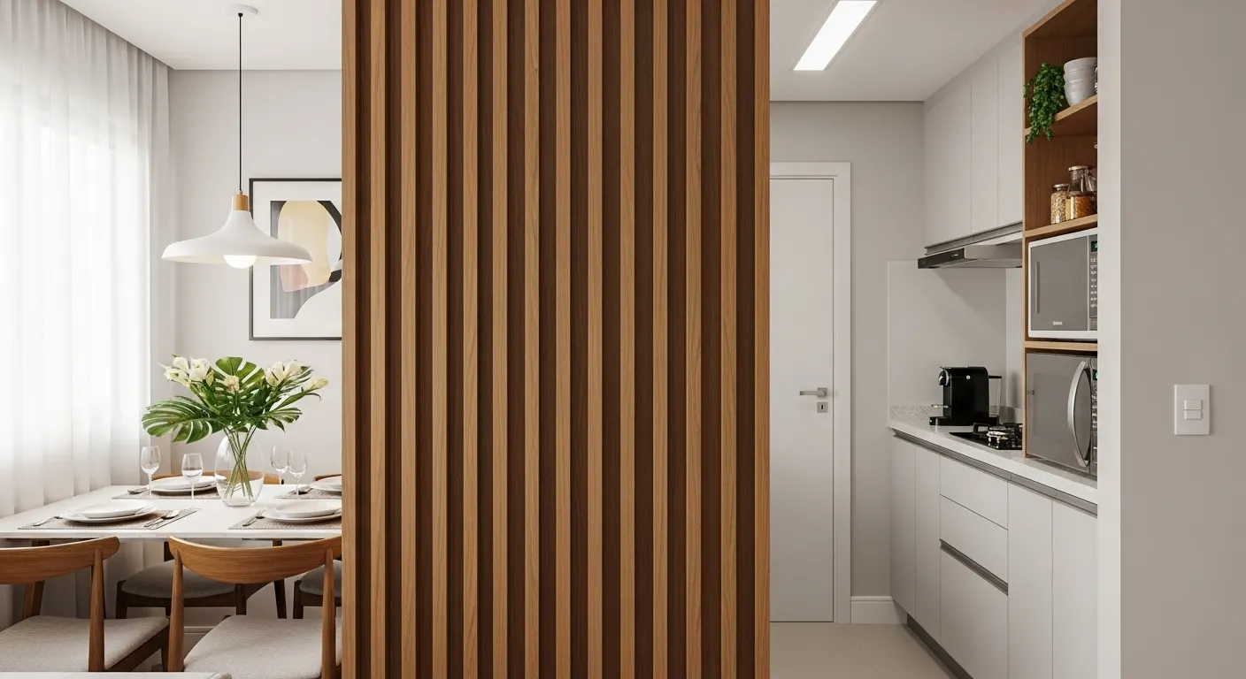 Divisória feita com ripas de madeira verticais, separando a sala de jantar de um corredor, permitindo a passagem de luz.