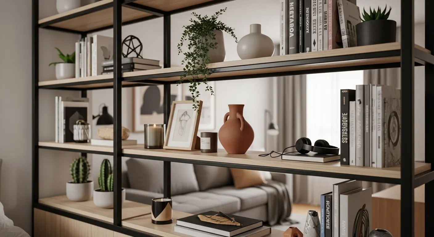 Estante de metalon preta e madeira, sem fundo, usada para dividir sala e quarto, decorada com livros, plantas e objetos decorativos.