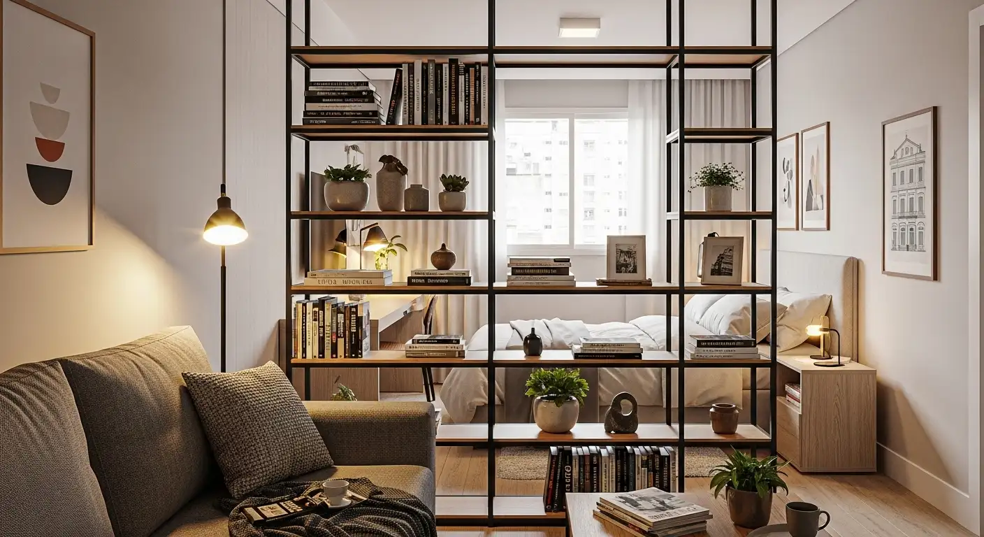 Kitnet moderna com o quarto e a sala divididos por uma estante vazada de metal e madeira, que permite a passagem de luz e visão.