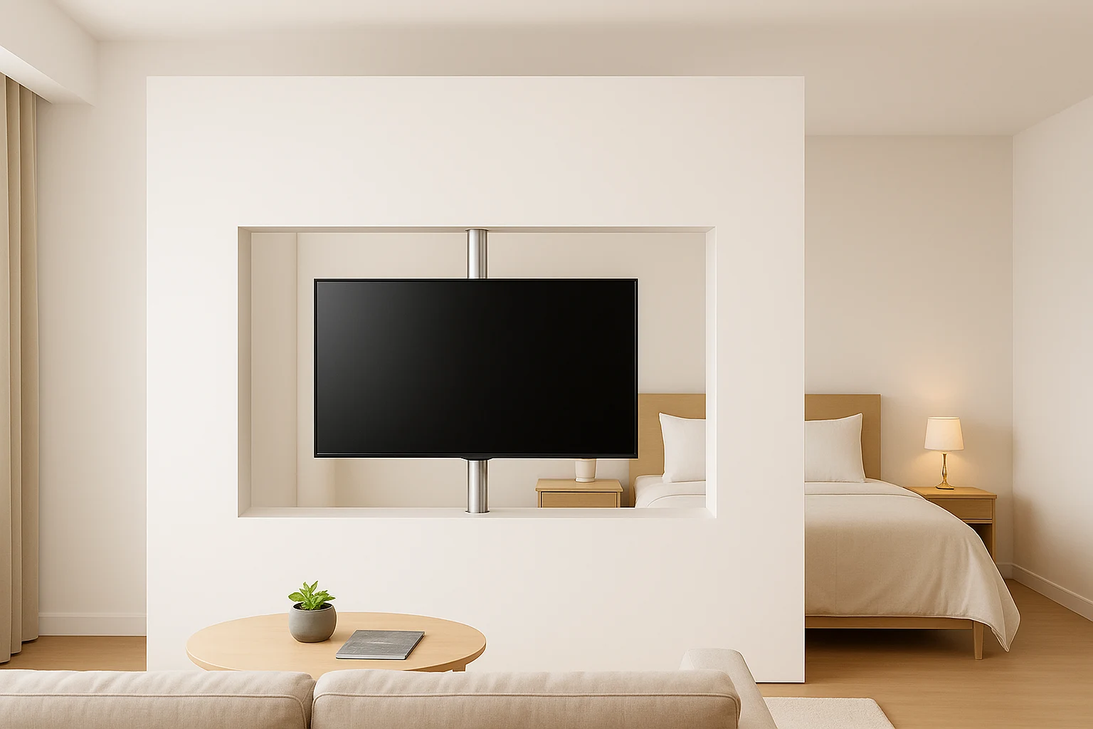 Um painel de madeira que vai do chão ao teto com uma TV instalada em um suporte giratório, dividindo o quarto da sala.