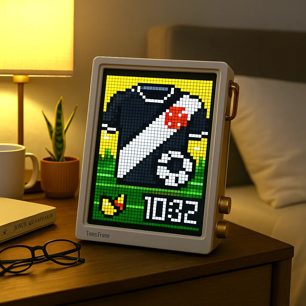 Detalhe da tela do Divoom Times exibindo uma arte colorida em pixel art, totalmente customizável pelo usuário