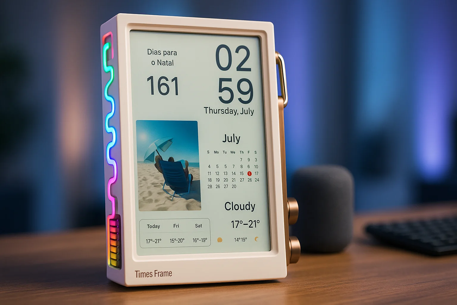 Quadro digital Divoom Times em ambiente de sala, exibindo uma arte em pixel e luzes