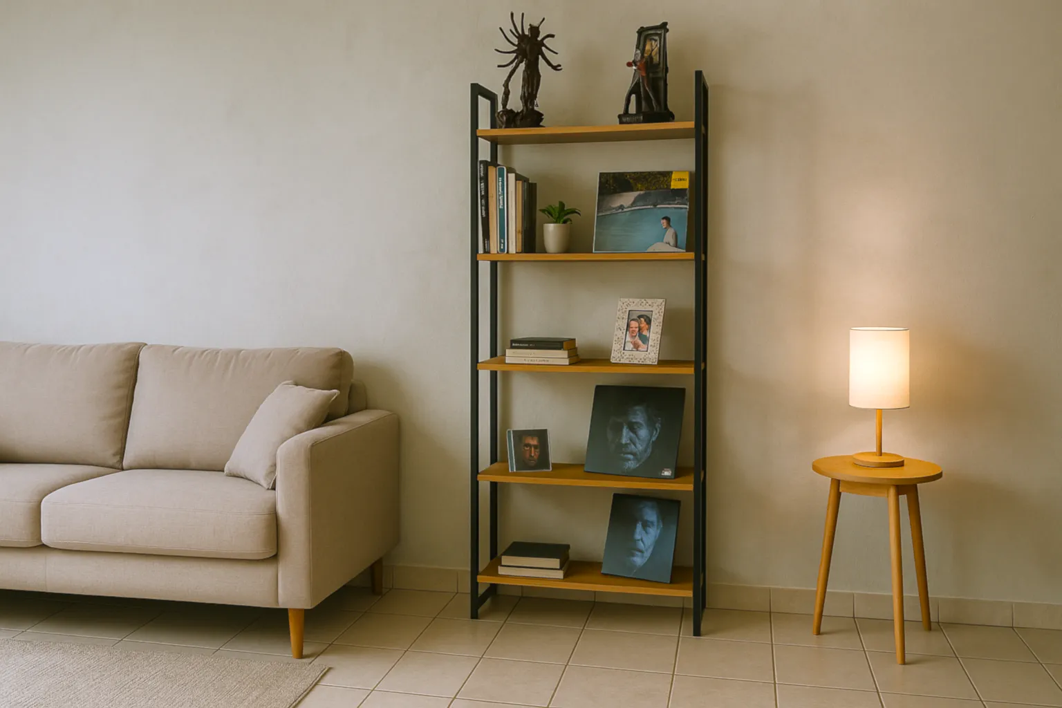 Estante Industrial de Madeira MDP com 5 Prateleiras, decorada com livros e objetos em uma sala moderna