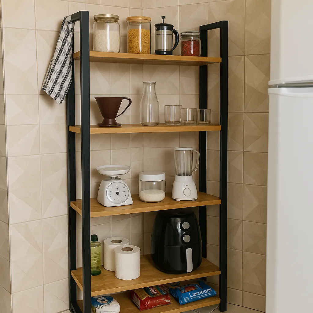 Estante industrial em um ambiente de cozinha, integrando-se perfeitamente à decoração moderna