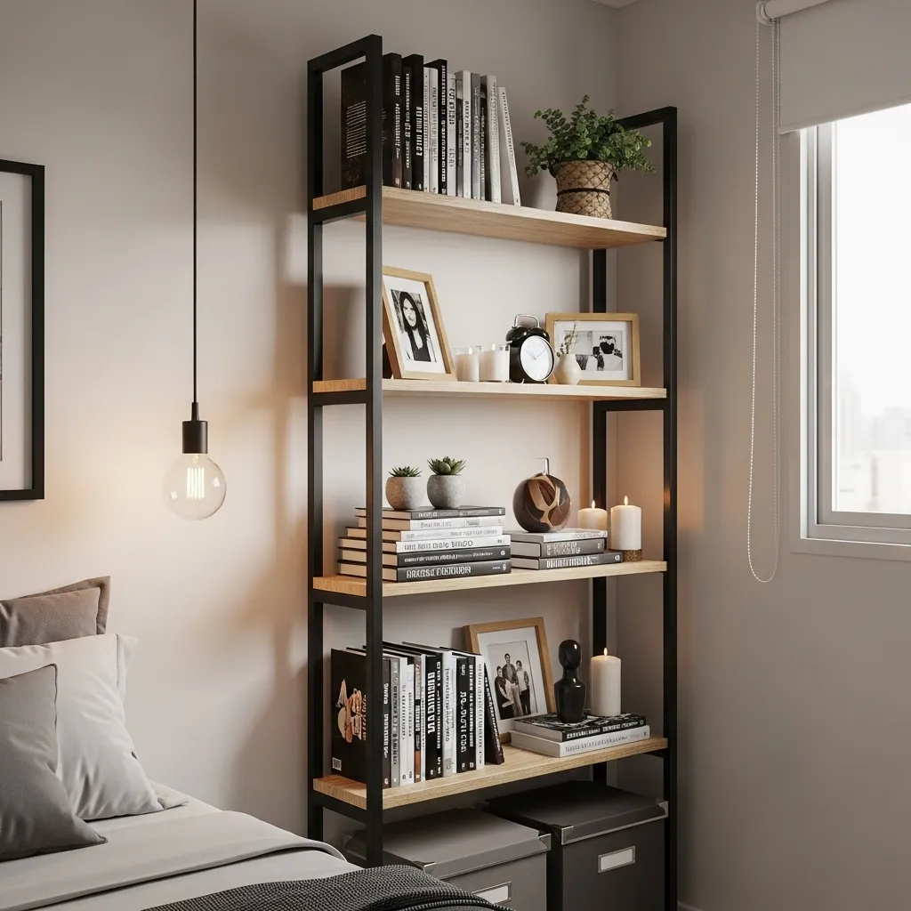 Estante industrial no quarto organizada com livros e objetos decorativos, mostrando a funcionalidade e estética do móvel