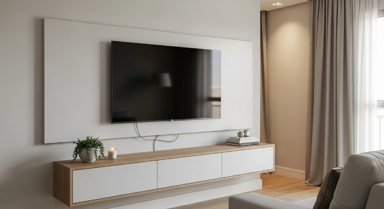 Sala de TV moderna com hack suspenso minimalista e TV instalada diretamente na parede