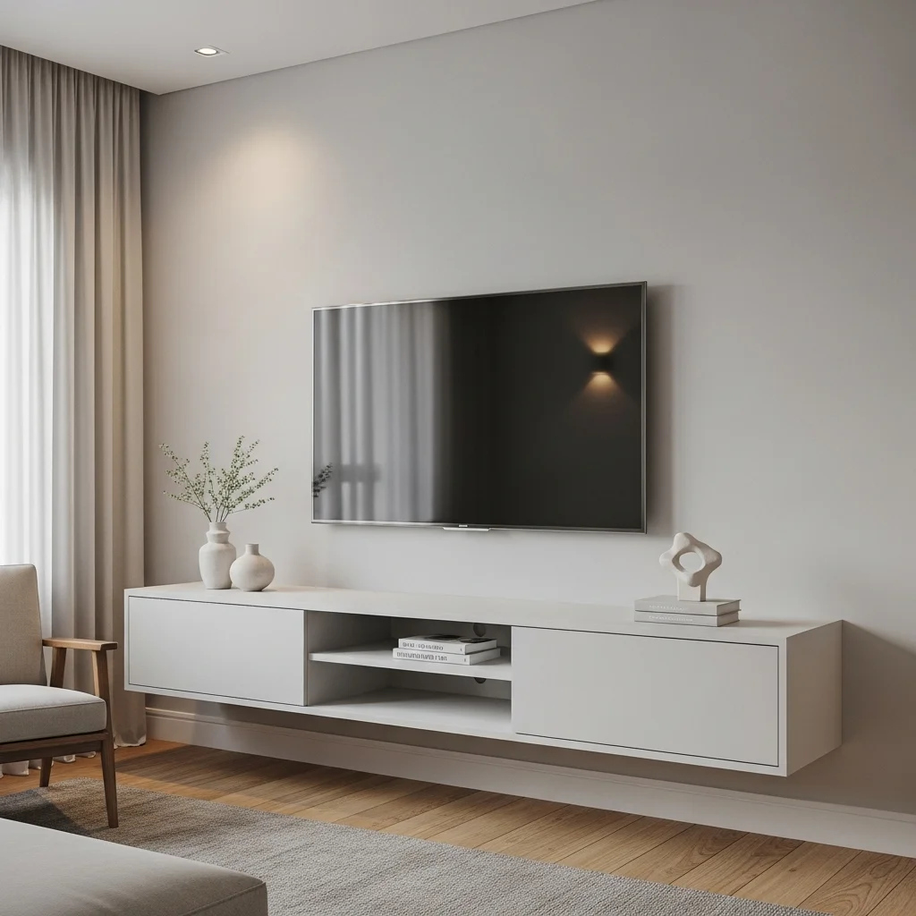 Sala de TV com hack suspenso minimalista e TV na parede, transmitindo leveza e modernidade