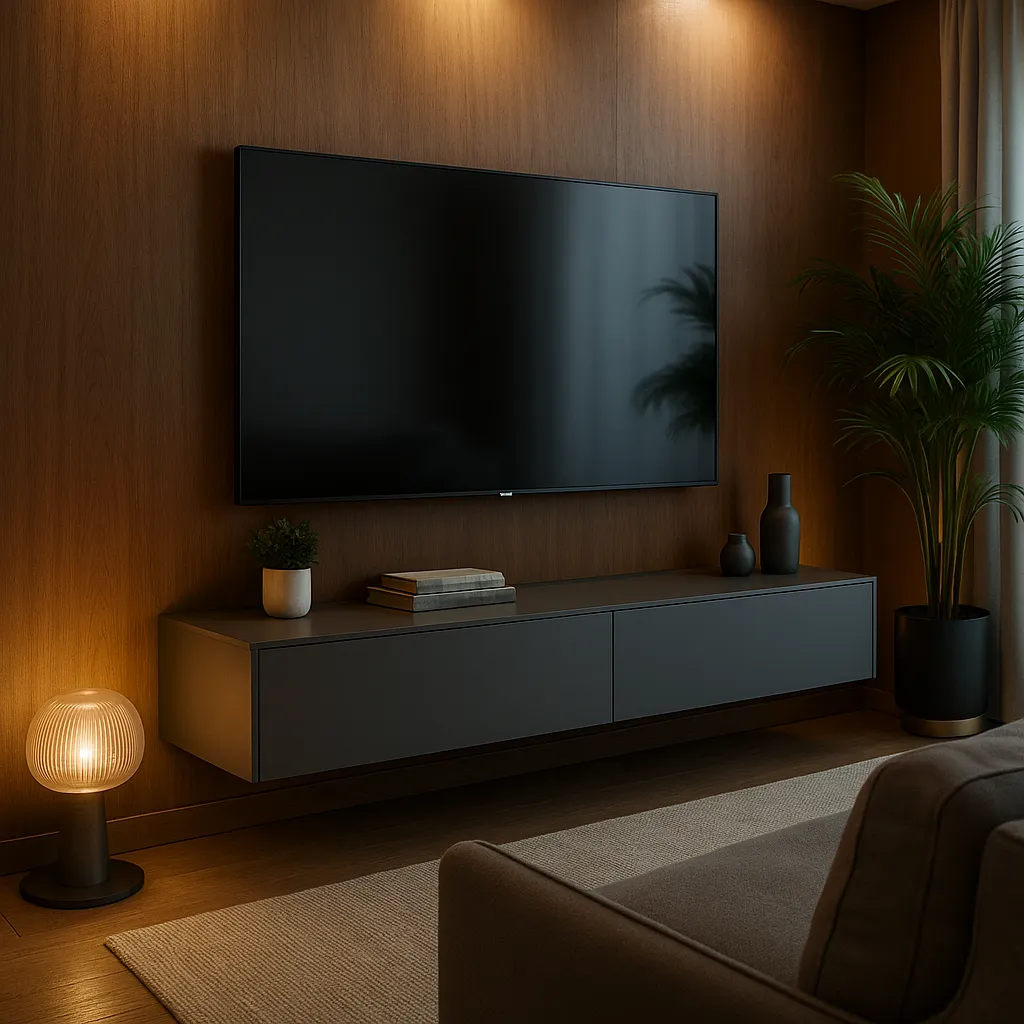 Detalhe de sala de TV com design contemporâneo, mostrando a TV na parede com fios embutidos e hack suspenso