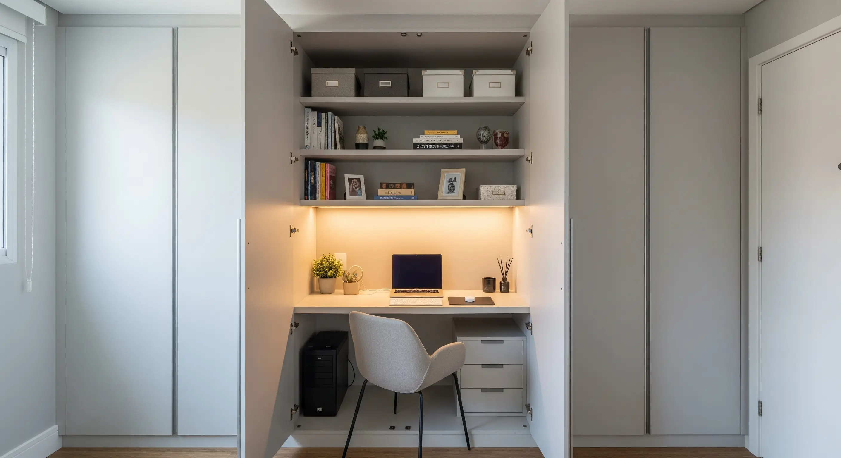 Um armário embutido com as portas abertas, revelando um home office completo e compacto, com prateleiras, iluminação e espaço para o computador.