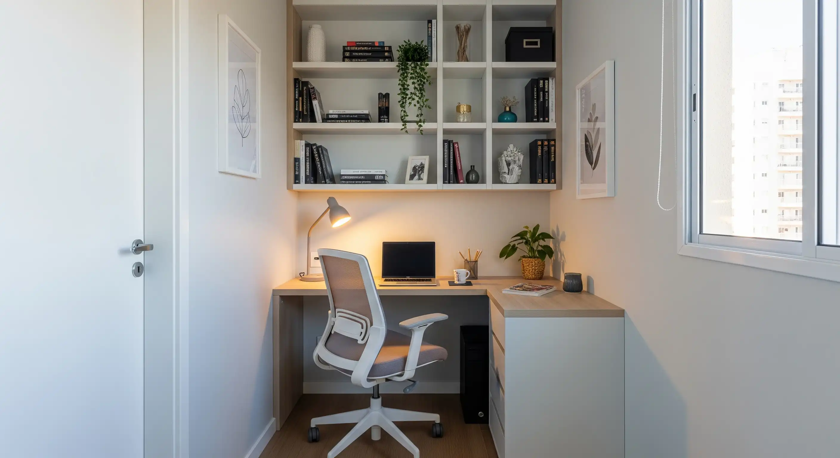 Um canto de um quarto pequeno otimizado com uma escrivaninha compacta, cadeira ergonômica e prateleiras verticais para aproveitar o espaço.