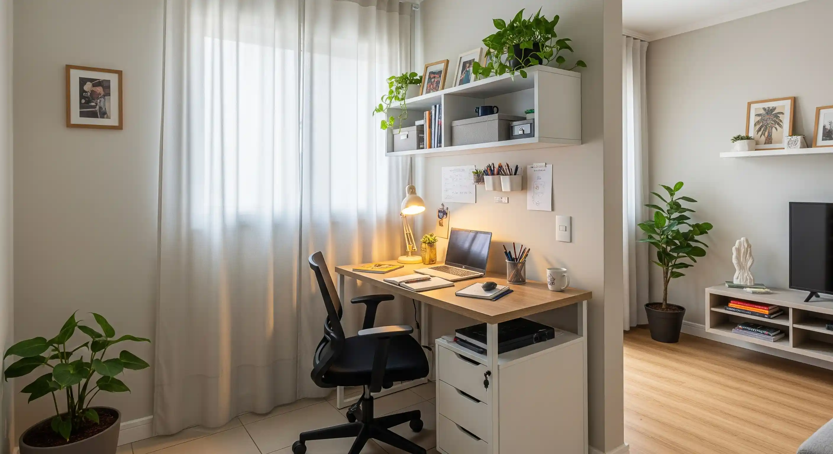 Um home office criativo e bem organizado montado em um pequeno canto da sala de um apartamento, mostrando que é possível ter um espaço de trabalho funcional.