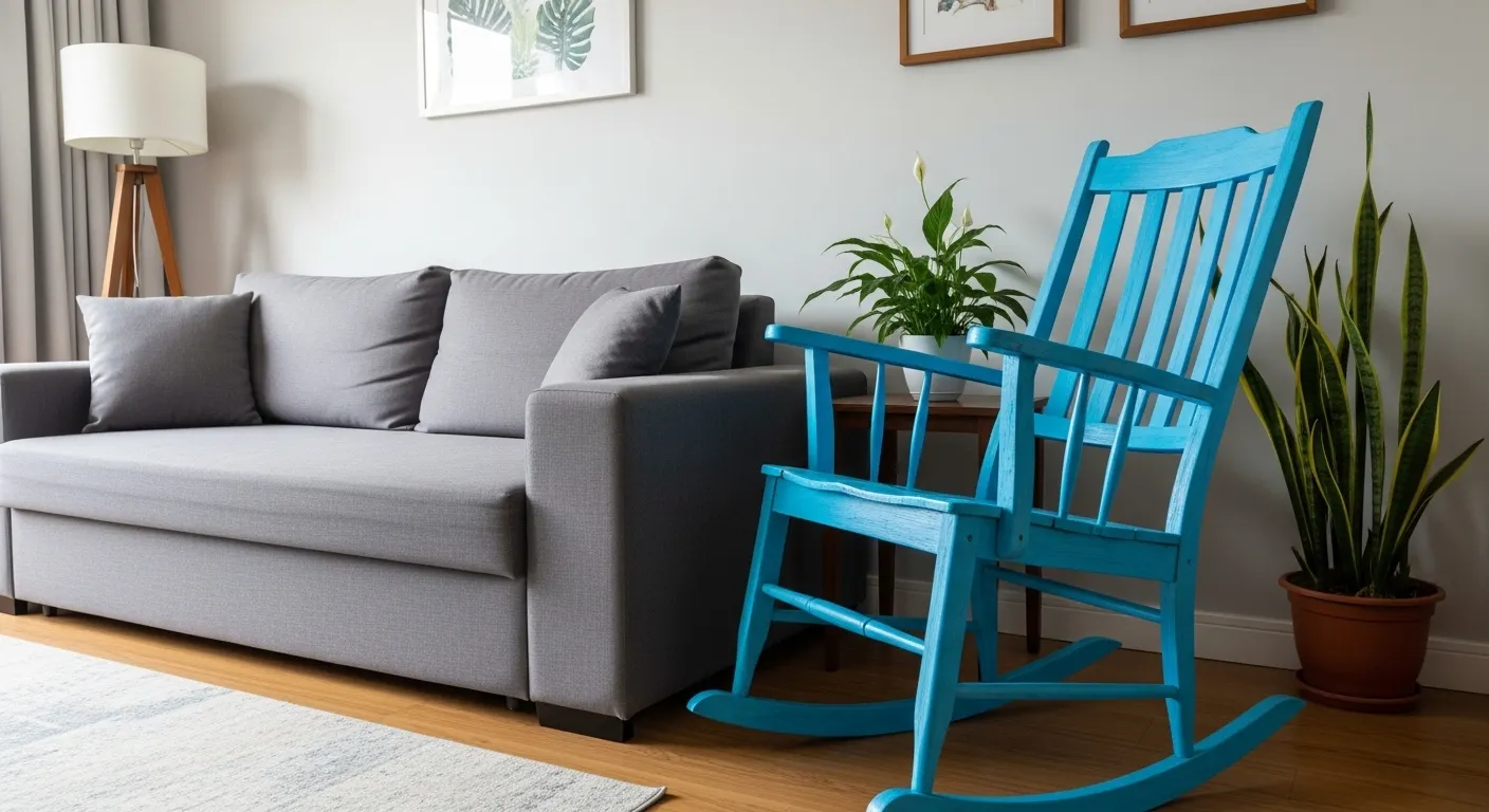 Ambiente de sala de estar com sofá cinza e uma cadeira de balanço de madeira pintada de azul vibrante, demonstrando o conceito de upcycling.