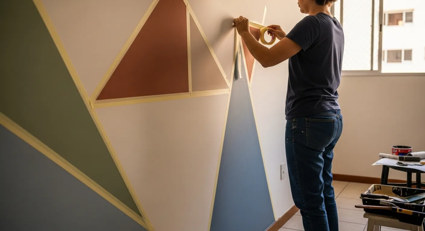 Uma pessoa pintando uma forma geométrica com fita crepe na parede, num projeto de 'faça você mesmo'.
