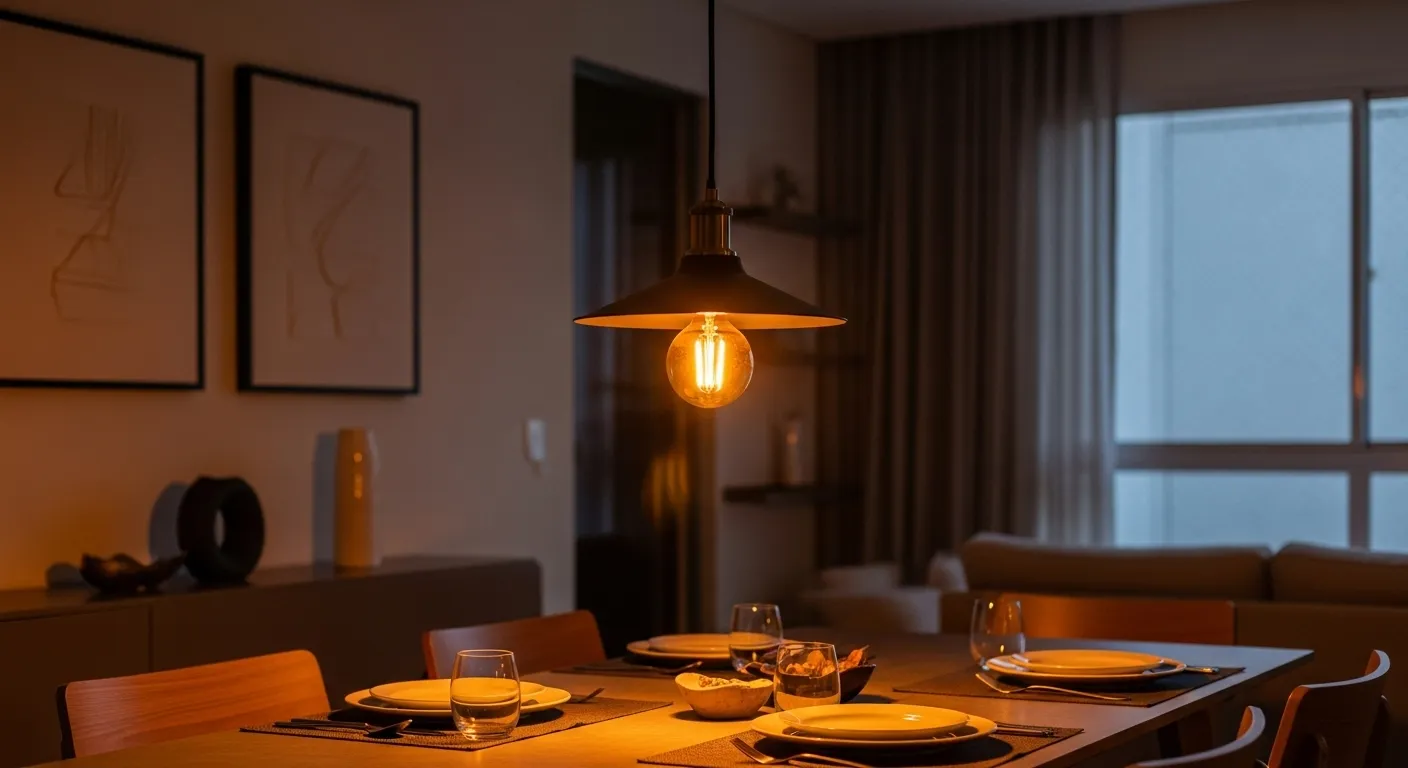 Sala de jantar com um pendente moderno sobre a mesa, emitindo uma luz quente e aconchegante de uma lâmpada LED.